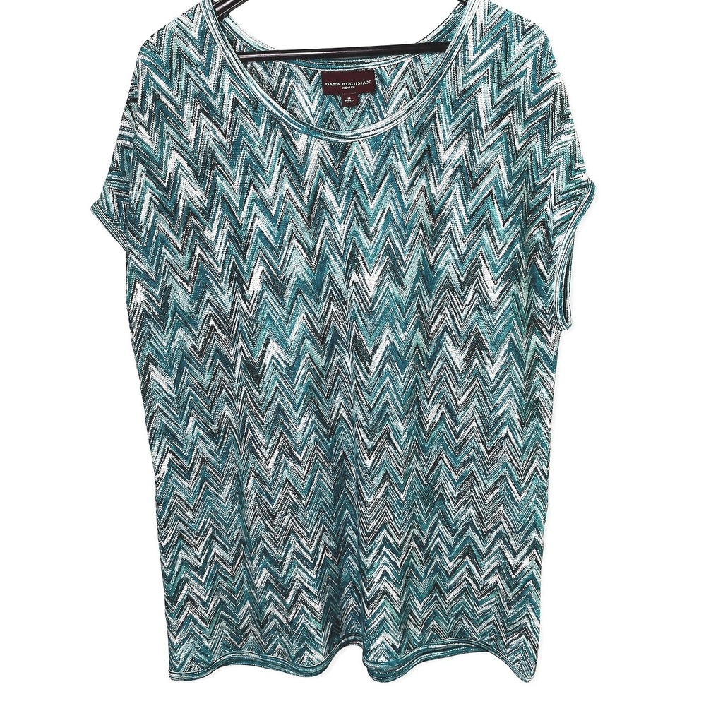 Dana Buchman Teal Zigzag Knit Tunic Size 1X Coastal Grandma Boho Plus Size